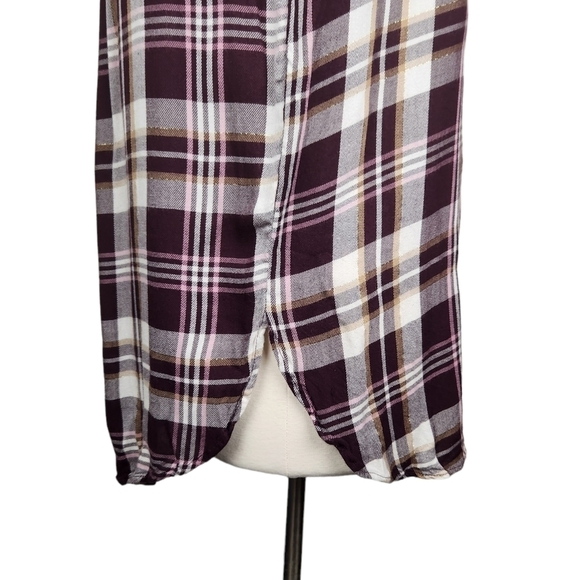 LOFT The Softened Plaid Half Button Gold Shimmer Burgundy Shirt Size Medium - Picture 6 of 9